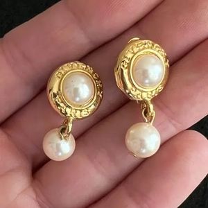 Vintage Givenchy Paris faux Pearl Goldtone Clip on Earrings circa 1980s